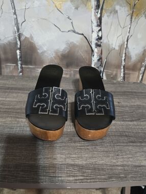 Black Leather Tory Burch Slide Platform Sandals with Wood Sole